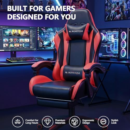 Mr IRONSTONE Gaming Chair with Footrest, Ergonomic Reclining Gamer Chair with Lumbar Support & Massage, High Back Racing Style Video Game Chair, Adjustable Headrest, Swivel Desk Chair, Red