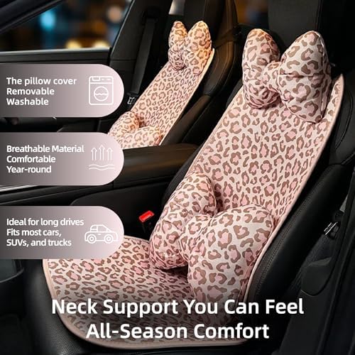 2Pcs Car Headrest Pillow Cute Pink Leopard Bow Car Decor for Women