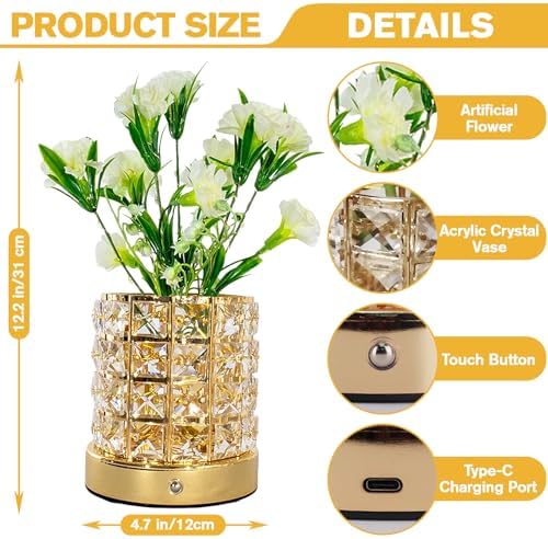 Flower Table Lamps, Rechargeable Cordless Small Desk Lamp, 3 Colors Dimmable Artificial Flowers Night Light, Fake Bouquet Carnation with Crystal Vase Gifts for Girl Women Mom (White - Carnation)