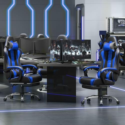 Yaheetech Gaming Chair with Footrest Massage Lumbar Pillow Black and Blue