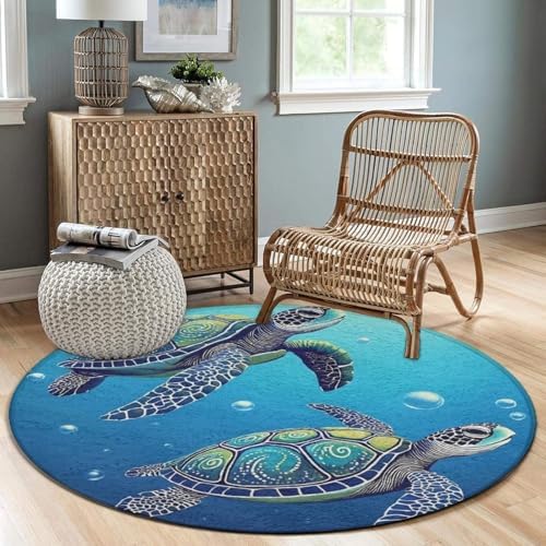 Fashion Round Area Rug Large Non Slip Carpet, Abstract Tortoise Blue Sea Turtle Unisex Home Decor Mat