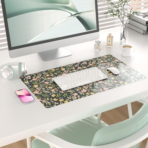 Faux Leather Large Mouse Pad, Office Desk Mat, 23.6"x13.8", Ditsy Floral