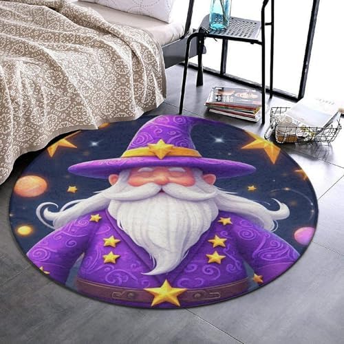Soft Round Yoga Carpet, Large Home Decor Mat, Non Slip Machine Washable Kitchen Office Circle Rug Cartoon Sleepy Gnome Purple