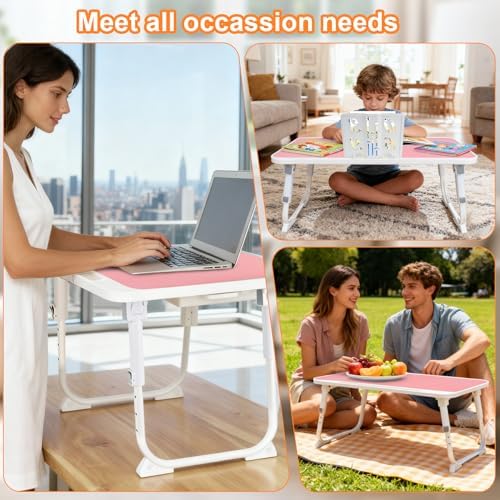 Laptop Desk for Bed, Adjustable Height Laptop Bed Table, Foldable Lap Desk with USB Charge Port, Desktop Card Slot, Side Drawer, Book Shelf, Portable Lap Tray for Eating Reading Working Sofa & Floor