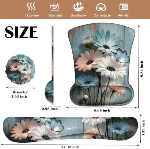 Ergonomic Keyboard Wrist Rest & Mouse Wrist Support Set with Lace Coaster, Gel Memory Foam Anti-Slip Base, Pain Relief for Typing, Floral Butterfly