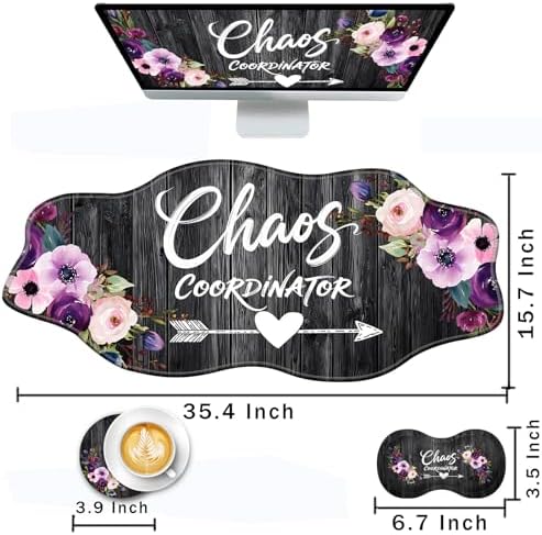 Mouse Pad with Wrist Support + Desk Mat + Coaster 3 in 1 Set, XXL Large Gaming Mousepad Ergonomic Mouse Pads for Desk Computer Laptop Office,Chaos Coordinator Quotes Vintage Watercolor Floral