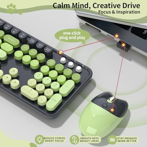 Wireless Keyboard and Mouse, MOFII 104 Round Keycaps Retro Typewriter with OTG & Brush, Full-Size Ergonomic, Ideal for Windows PC, Home, Office and College Gray Green