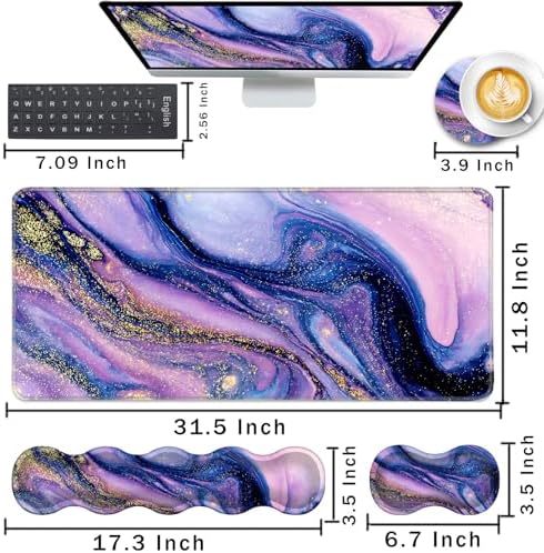 Keyboard Wrist Rest and Mouse Pad with Wrist Support Set Ergonomic Coaster,Memory Foam,Easy Typing Pain Relief,Large XL Desk Mat 31.5"x 11.8",Purple Marble