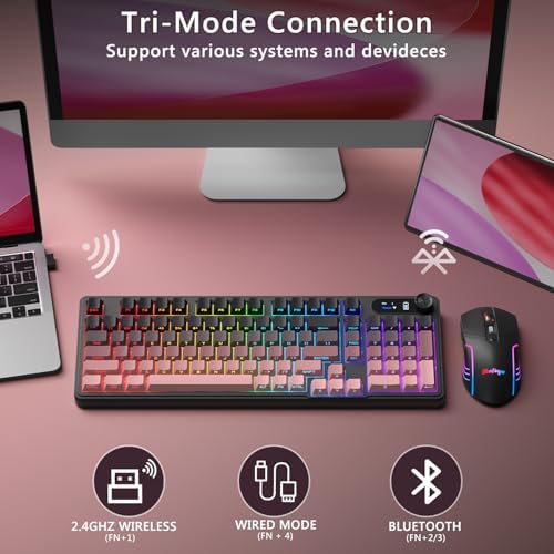 BlueFinger Wireless Gaming Keyboard and Mouse Combo, RGB Backlit, Tri-Mode Bluetooth/2.4G/USB-C Wired, 98 Keys Quiet Keyboard with Number Pad, Volume Knob & Screen, 4800 DPI Mouse for PC/Mac/Laptop