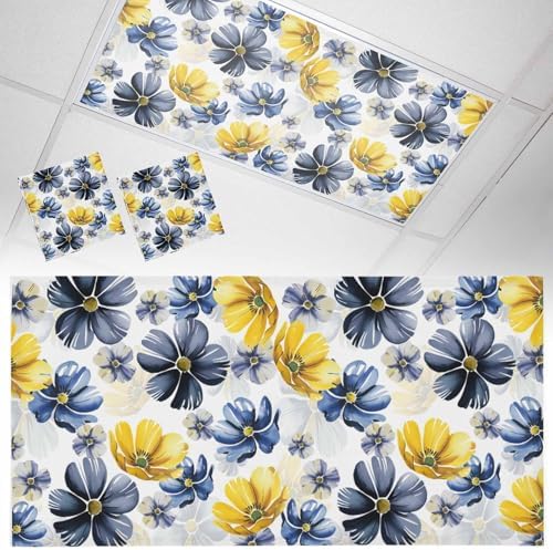 Ombre Flower Magnetic Fluorescent Light Covers for Ceiling Lights 2 x 4 Feet,Watercolor Yellow Purple Blue Green Floral Office Classroom Kitchen Drop Ceiling Light Covers Filters Shade Panel 2 Packs