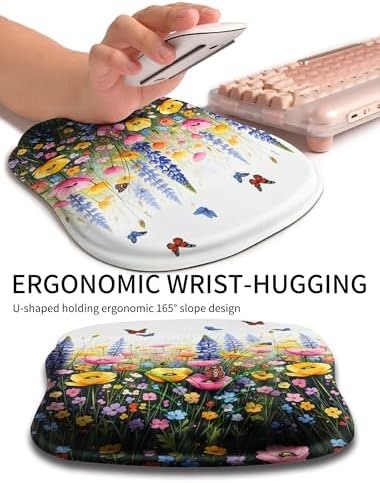 Hokafenle Ergonomic Wrist-Hugging Mouse Pad Wrist Support, U-Shaped Holding Wrist Rest Mousepad for Carpal Tunnel Pain Relief with Cushioned Memory Foam Slope Massage Bulge (10.2x8.3 in,Flowers)