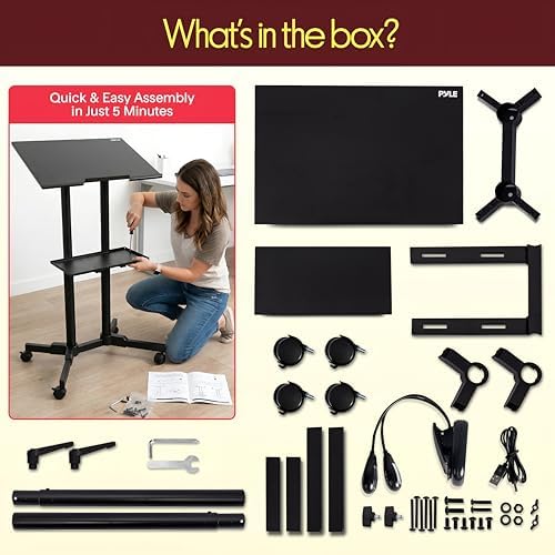 Pyle Lectern Podium Stand | Adjustable Height Top Shelf, Bottom Shelf, Locking Plastic Wheels, & LED Reading Light | Mobile Standing Desk for Classrooms & Presentations | Portable Rolling Table Design