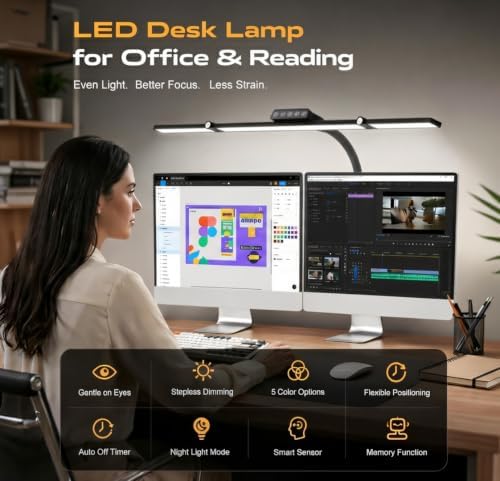 24W LED Clamp Desk Lamp, 3 Light Bars Architect Desk Light with Motion Sensor & Remote, Eye Caring Stepless Dimming Table Lamp for Home Office Study, Black