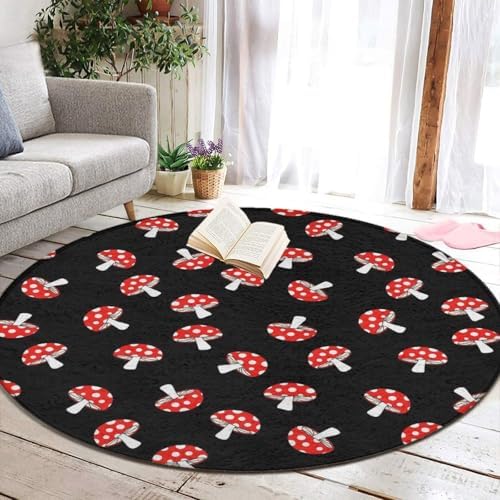 Men's Large Home Decor Mat, Soft Round Yoga Carpet, Non Slip Machine Washable Home Office Circle Rug Cute Cartoon Red Mushrooms, 60inch