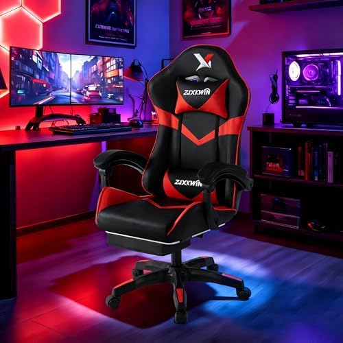 Ergonomic Gaming Chair, High Back PU Leather Office Chair with Footrest, Adjustable Lumbar Support & Headrest, 360° Swivel Computer Chair for Adults, Red & Black