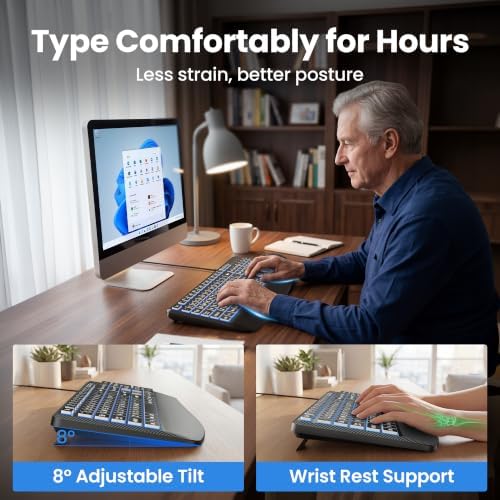 TECKNET Wired Keyboard and Mouse Combo, 4X Large Print, 7-Color Backlit Silent Keyboard Kits, Ergonomic Design with Wrist Rest, Soft-Typing, USB Plug & Play for Computer/Mac/Laptop