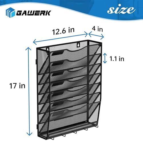 Gawerk Hanging Wall File Organizer with 5 Hooks - Wall Mounted Mail Paper Document Folder Holder, Sturdy Mesh Magazine Rack for Office Home (7+1 Tier)