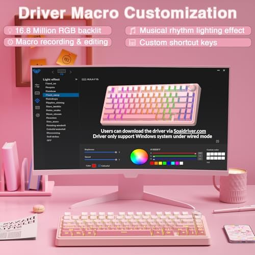 AULA F75 Pro Wireless Mechanical Keyboard Silent Version,75% Hot Swappable Custom Keyboard with Knob,RGB Backlit,Pre-lubed Switches,Side Printed PBT Keycaps,2.4GHz/USB-C/BT5.0 PC Gaming Keyboards,Pink