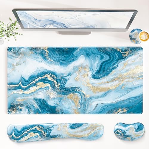 QiyI PU Leather Desk Mat Set, 4-in-1 Ergonomic Wrist Rest, Blue Fluid Art