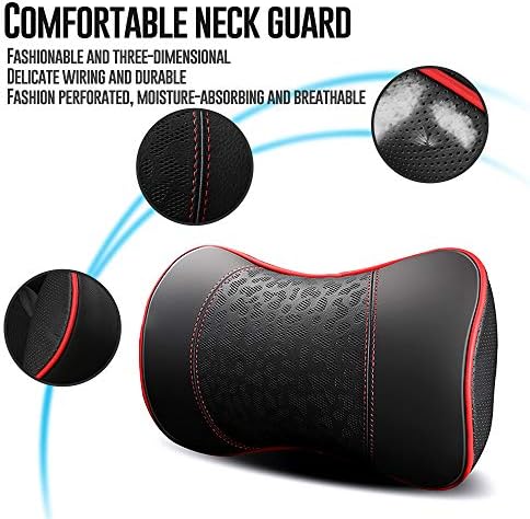 HAOTULE Car Leather Neck Pillows, Neck Rest Cushions,100% Memory Foam Cervical Support, Comfortable Travel car Seats and Home Office Soft Pillows, Red a Set (2 pcs)