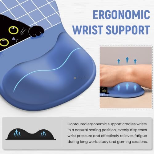 Ergonomic Mouse Pad with Wrist Rest, Gel Wrist Support, Blue Cat