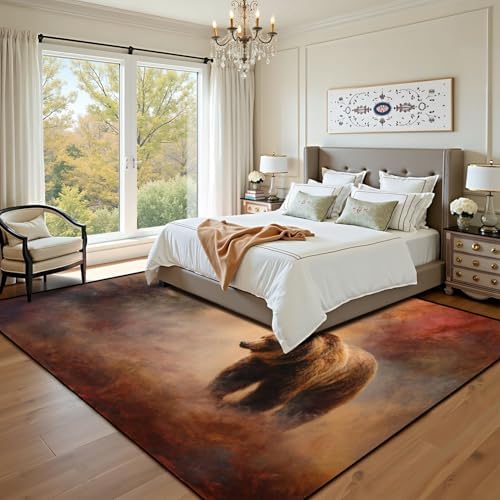 Serene Bear Among Pine Trees Ethereal Misty Landscape Area Rug Outdoor Patio Rug Play Mat Modern Floor Carpet Non-Slip Home Decor Living Room Kids Bedroom Nursery, 9x12 ft