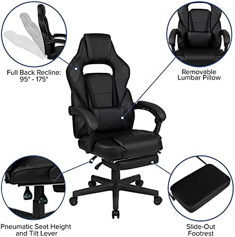 Flash Furniture X40 Gaming Chair Racing Ergonomic Computer Chair with Fully Reclining Back/Arms, Slide-Out Footrest, Massaging Lumbar - Black