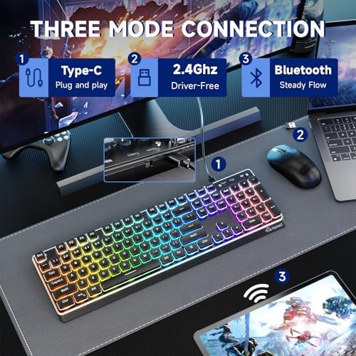 Free wolf M104 Full Size Wireless Gaming Keyboard Tri-Mode - Black