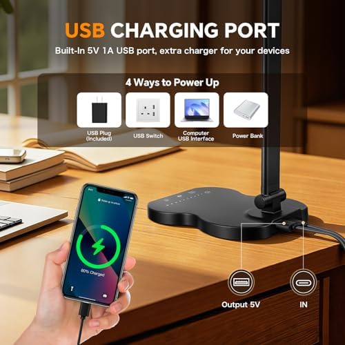LED Desk Lamp for Dorm, Desk Light with USB Charging Port, Black