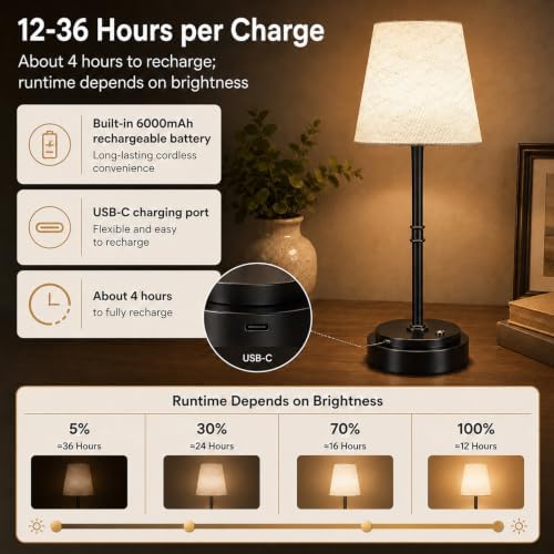 Rechargeable Cordless Table Lamp, Battery Operated Bedside Lamp, Black