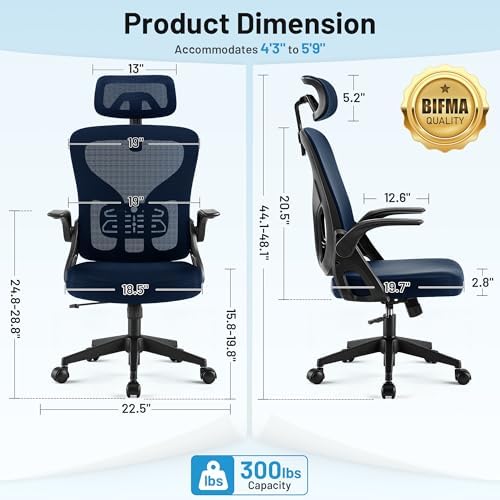Office Chair Ergonomic Desk Chair with Adjustable Headrest Lumbar Support, High Back Breathable Mesh Chair with 120° Tilt & Flip-Up Armrests, Swivel Comfy Task Computer Chair for Work, Study