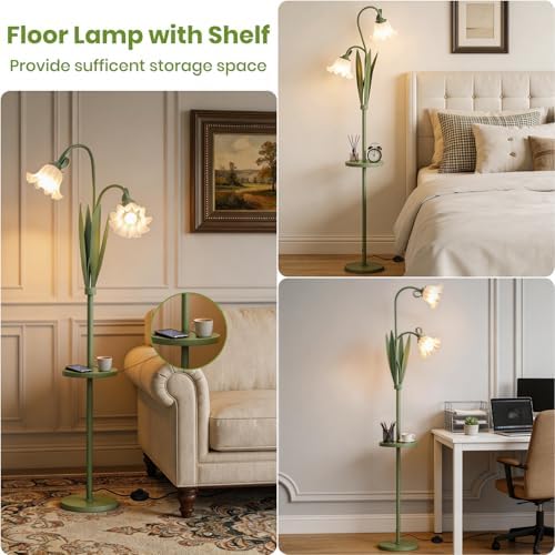Funky Flower Floor Lamp with Table, Adjustable Gooseneck Floor Lamp with 3 Color Temperature, LED Bright Standing Lamp for Living Room, Bedroom, Corner, for Girl Women（Matcha Green）