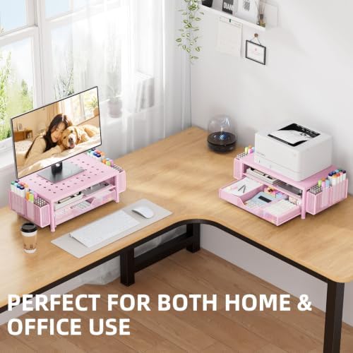 Monitor Stand Riser with Mesh Drawer and 2 Pen Holders, Pink Star Vent Top