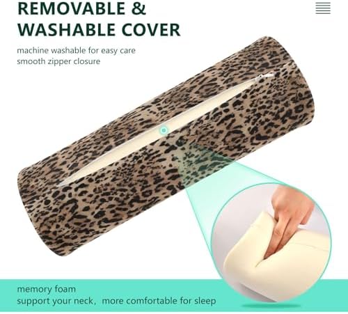 Leopard Texture Neck Roll Pillow - Extra Dense Memory Foam Round Cylinder Bolster for Cervical Support, Spondylosis, Neck Pain Relief