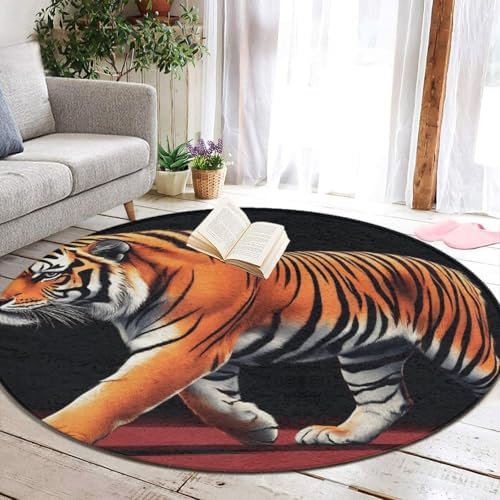 Women's Large Home Decor Mat, Soft Round Yoga Carpet, Non Slip Machine Washable Home Office Circle Rug Animal Print Tigers