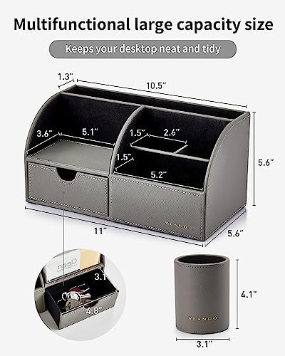 VLANDO 2 Pcs PU Leather Desk Caddy Set with Drawer,Pen Holder