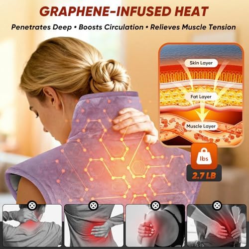Heating Pad for Neck Shoulders and Back, Weighted Electric Graphene-Infused Heat Pads for Pain Relief, 24"x35" Large Full Body Heated Pad, 10 Levels Auto-Off, Birthday Gifts for Women, Men, Purple