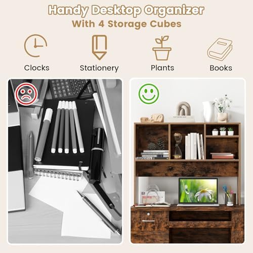 Giantex Desktop Bookshelf, Countertop Storage Hutch with 4 Shelves for Computer Desk, Dressing Tabletop Display Rack, Multipurpose Desk Hutch Storage Organizer for Home Office Dorm (Rustic Brown)