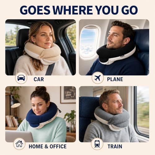 BUYUE Travel Neck Pillows for Airplanes, Memory Foam 360° Head Support Sleep for Long Flight, Skin-Friendly & Breathable, Kit with Eye Mask, Earplugs and Storage Bag (Adult, Brown, 90+ lbs)