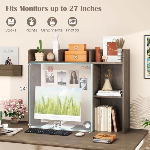 GIANTEX Desktop Bookshelf, Wood Desk Hutch Organizer for 27 Inch Computer Monitor, Countertop Storage Display Rack with 5 Shelves, Multipurpose Desktop Shelf Bookcase for Dorm Office Home (Grey Oak)