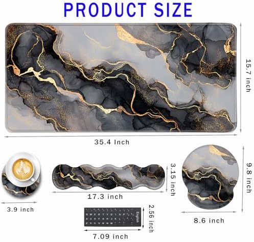 Mouse Pad,Large Pink Desk Mat, 4in1 XXL Mousepad + Keyboard Wrist Rest+Mouse Wrist Rest+Coaster Set with Ergonomic Desk Pad for Home Office Table Computer-Black Golden Marble