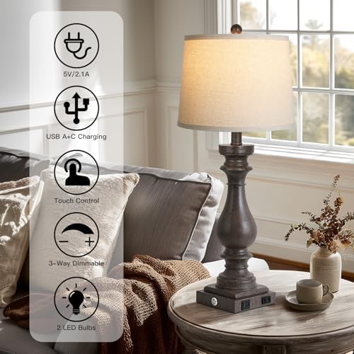 Cinkeda 29" Tall Farmhouse Table Lamp for Living Room Set of 2,Vintage Retro Nightstand Lamps with USB C+A Ports & AC Outlet,3-Way Dimmable Touch Bedside Lamp for Bedroom End Table,Earthy Tone