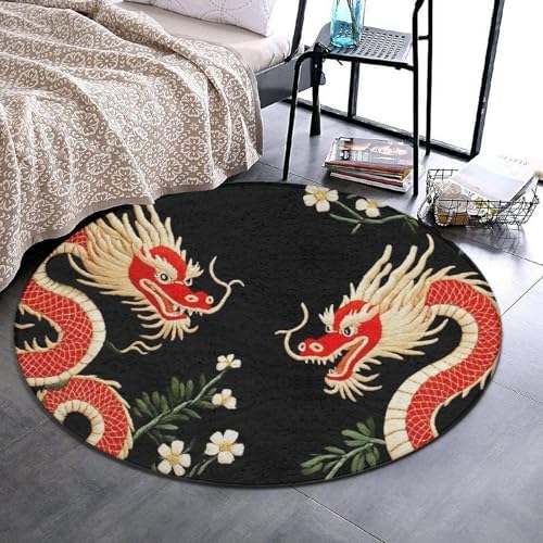 Soft Round Yoga Carpet, Large Home Decor Mat, Non-Slip Machine Washable Kitchen Office Circle Rug Compatible with Floral Chinese Japanese Dragon Flower