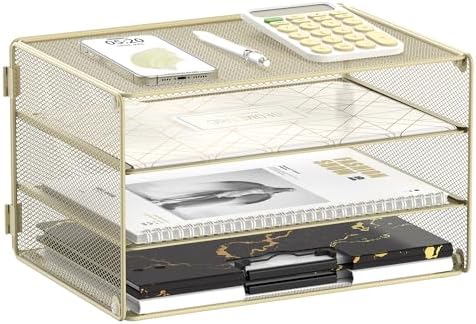 DALTACK 3 Tier Letter Tray Paper Organizer with Sliding Mesh Trays Yellow