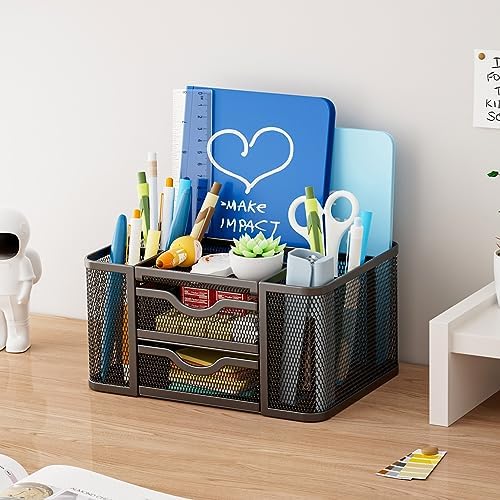 Marbrasse Mesh Desk Organizer, Pen Organizer with 2 Drawer, Multi-Functional Pencil Holder, Desk Organizers and Accessories with 5 Compartments + Drawer for Office Art Supplies (Black)