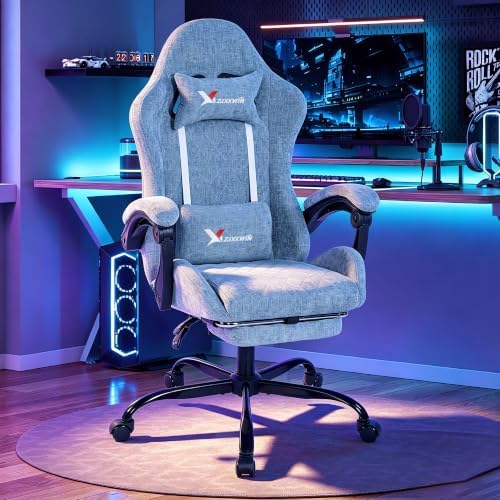 Fabric Gaming Chair for Adults, Ergonomic Computer Office Desk Chair with Footrest,Pocket Spring Cushion, Reclining High Back Silla Gamer for Home Office, Blue