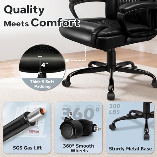 Executive Office Chair, High Back Ergonomic Desk Chair with Lumbar Support, Adjustable Big and Tall Computer Chair, 360° Swivel, PU Leather, Black