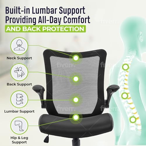 OfficeFactor Drafting Chair Tall Office Chair, 300 lb Capacity Standing Desk Chair, Adjustable & Ergonomic Desk Chair, Flip-Up Armrests, Mesh Back, Comfortable Leather (Black)