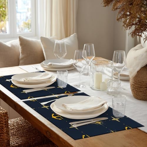 Shrahala Maritime Sea Sailing Symbols Placemats, Navy Blue Nautical Seamless Pattern Table Mat Linen Burlap Washable Double-Deck Heat Insulation for Dining/Kitchen Table Set of 6 (12 X 18 Inch)