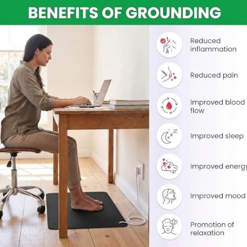 Grounding Mat, 24" x 16" Conductive Carbon Ground Pad with 15 Foot Cord, Non-Slip Rubber Backing, Portable Indoor Grounding for Desk, Floor, Home, Office, Wellness Routine